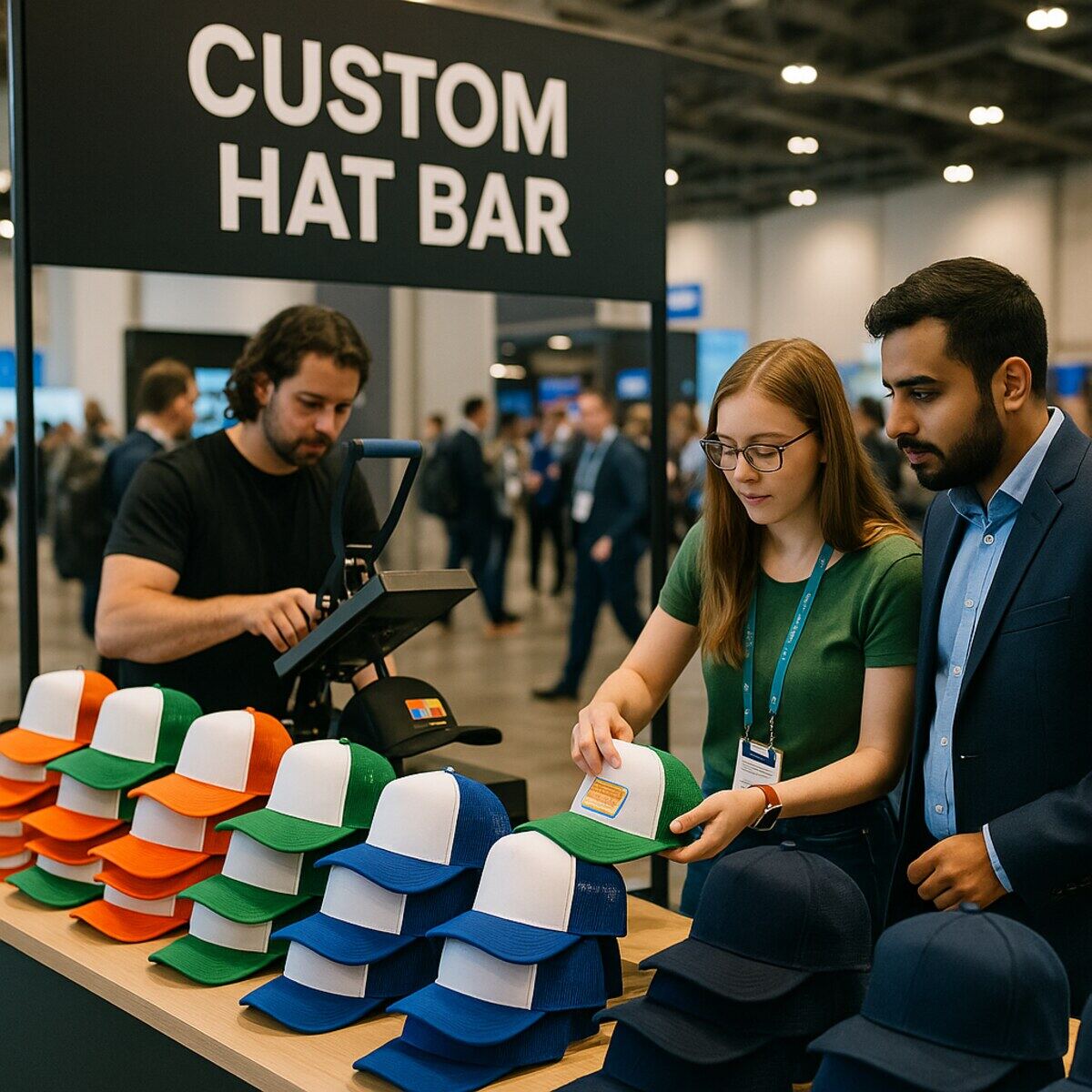 Custom hat bar booth with a wall of blank caps and a staffed pressing station at a live event