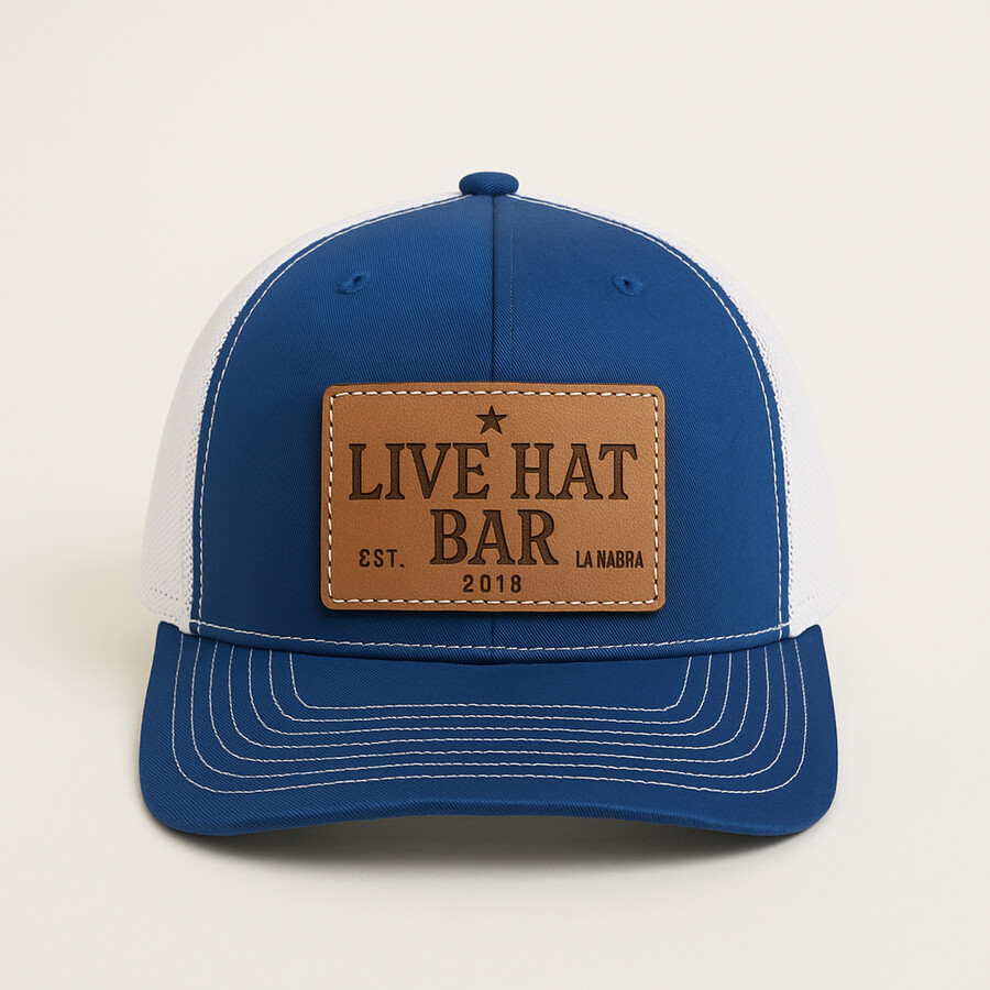 Trucker cap with a leather patch made at a live hat bar